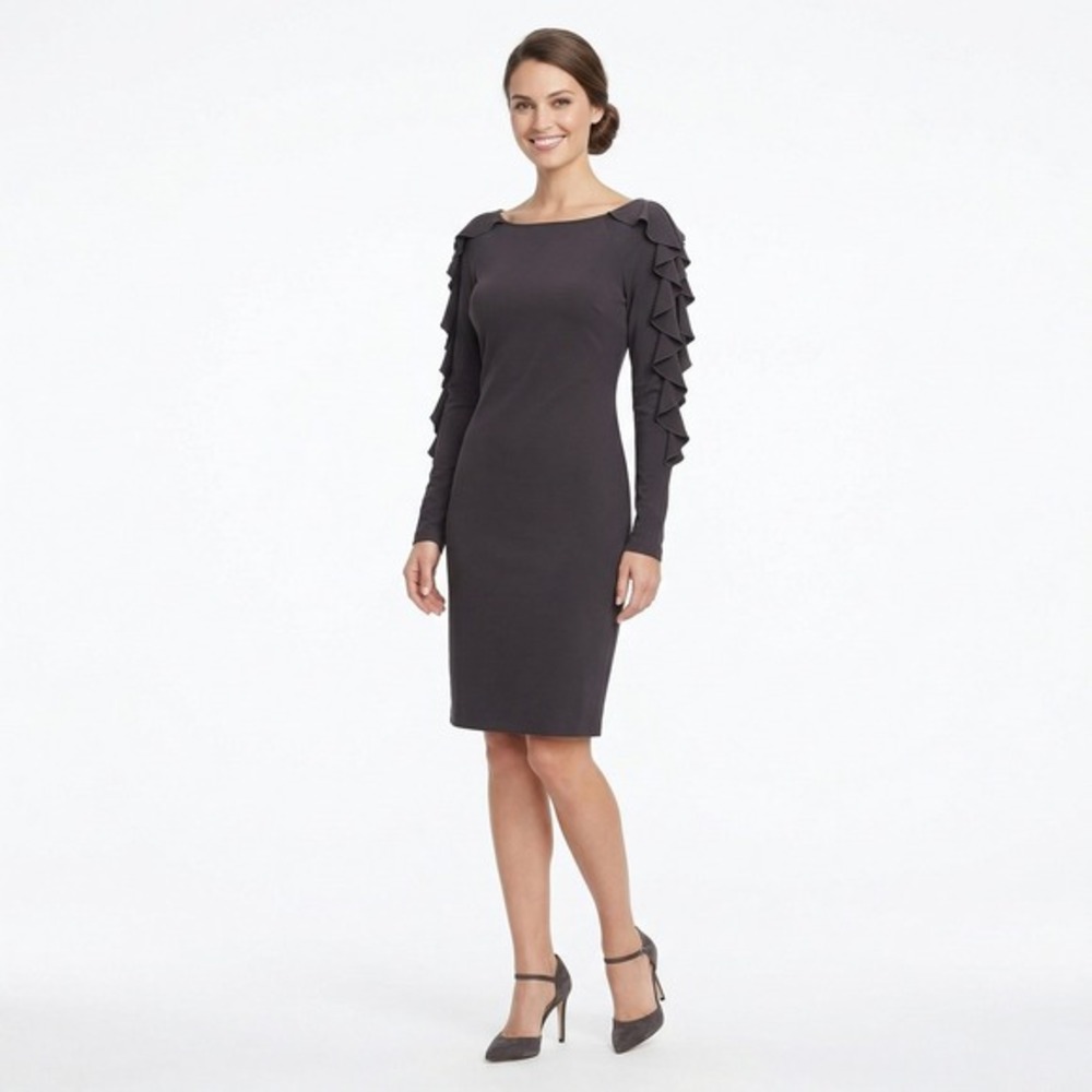 Bebe Black Ruffle Long Sleeve Boat Neck Sheath Cocktail‎ Dress Small Y2K